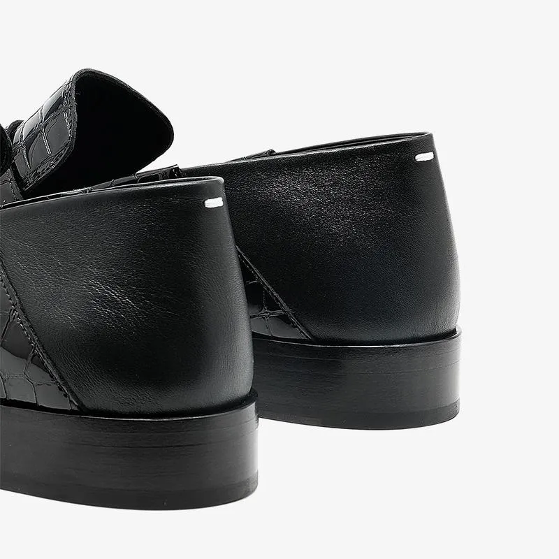 Croc-Effect Split-Toe Black Loafers