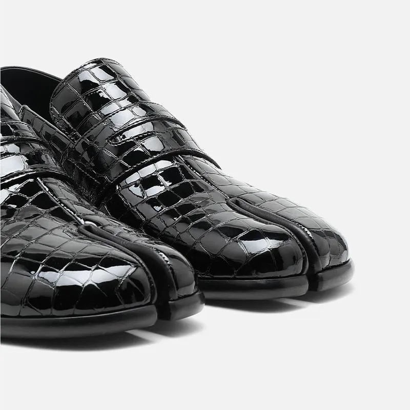 Croc-Effect Split-Toe Black Loafers