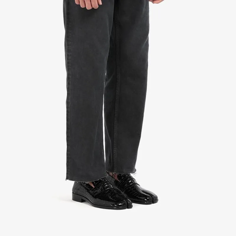 Croc-Effect Split-Toe Black Loafers