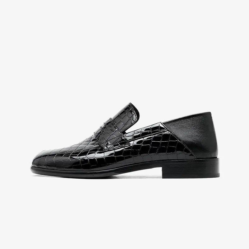 Croc-Effect Split-Toe Black Loafers