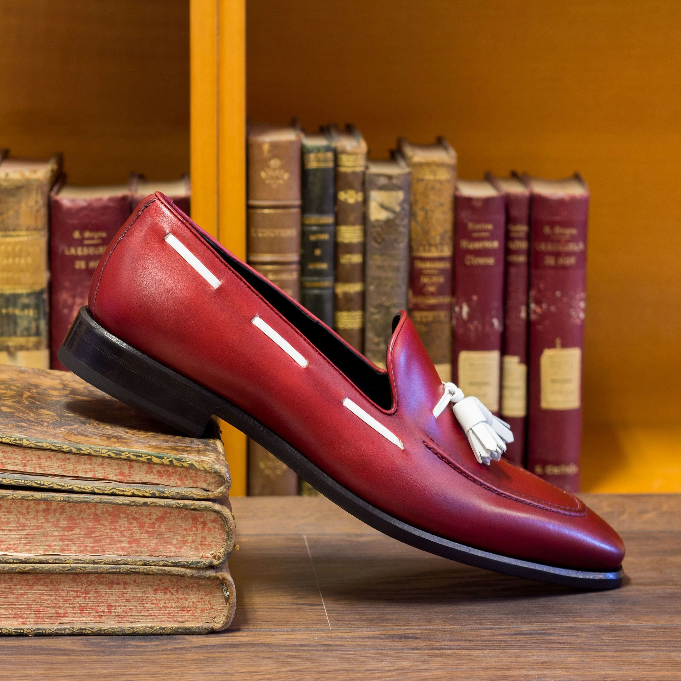 DapperFam Luciano in Red / White Men's Italian Leather Loafer