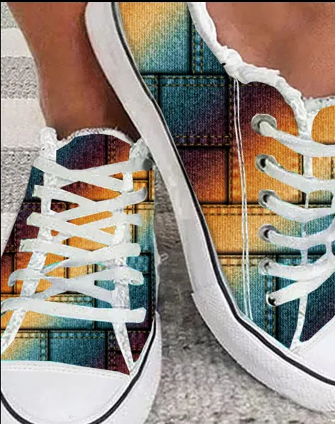 Denim Look Print Rainbow Ombre Raw Hem Canvas Sneakers