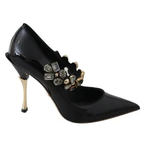 Dolce & Gabbana Elegant Black Leather Crystal Pumps
