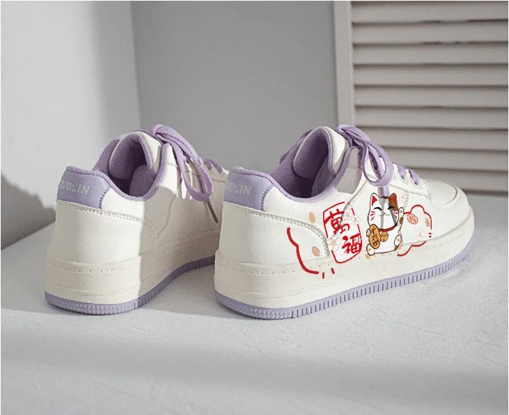 Kawaii Japanese Style Hand-Painted Lucky Cat Print Sneakers