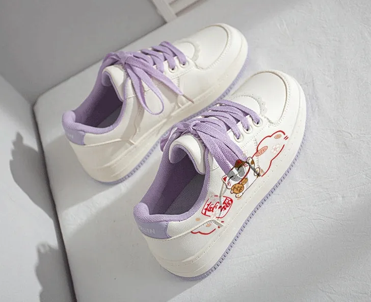 Kawaii Japanese Style Hand-Painted Lucky Cat Print Sneakers