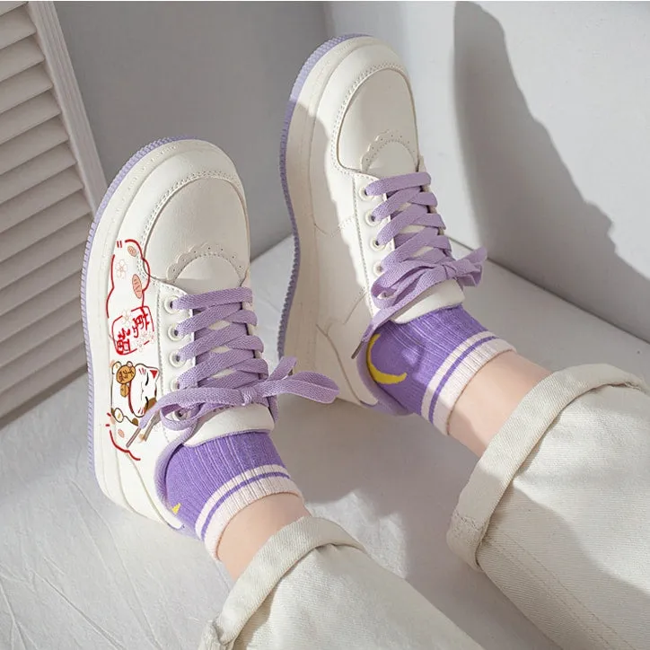 Kawaii Japanese Style Hand-Painted Lucky Cat Print Sneakers