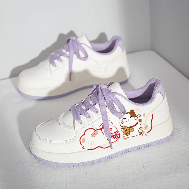 Kawaii Japanese Style Hand-Painted Lucky Cat Print Sneakers