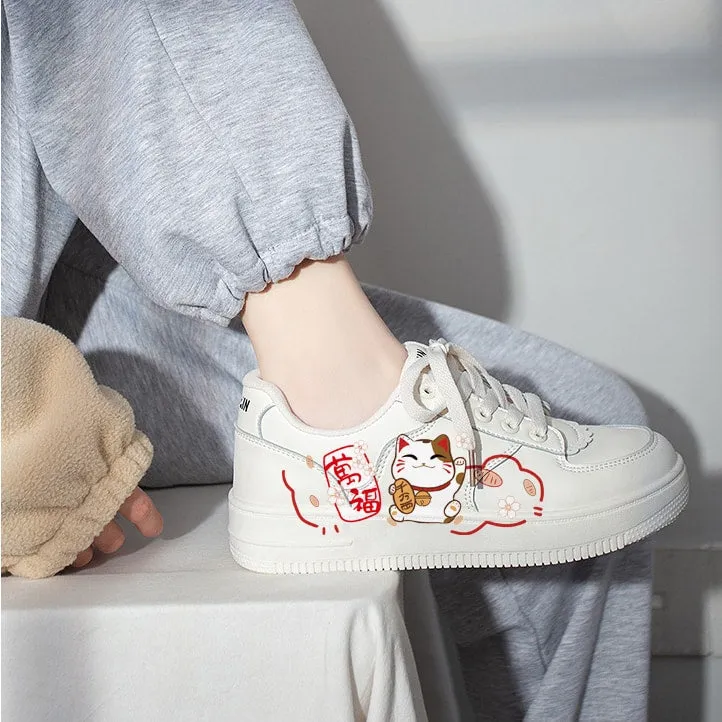 Kawaii Japanese Style Hand-Painted Lucky Cat Print Sneakers