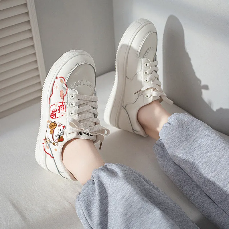 Kawaii Japanese Style Hand-Painted Lucky Cat Print Sneakers