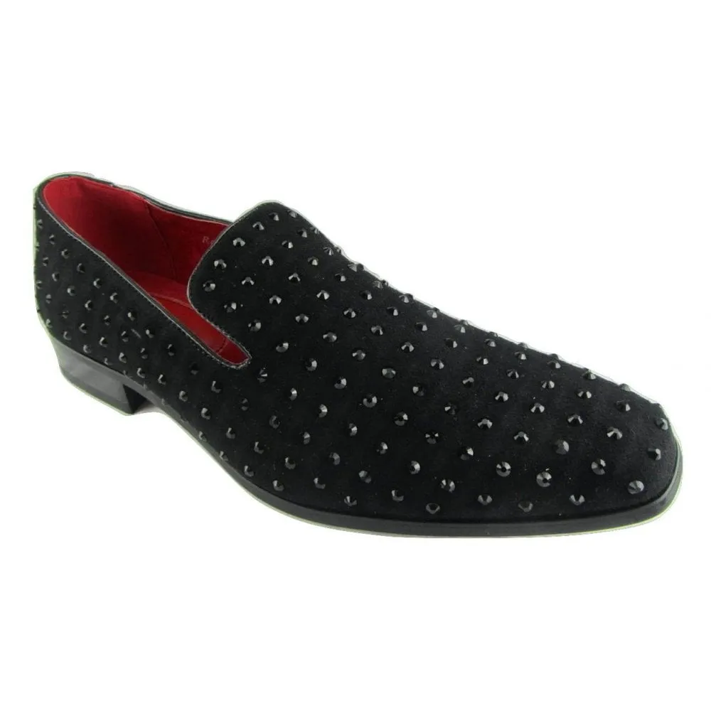 Rossellini Baldoria  Spiked Loafer Leather Lined Studded Shoes in Black Suede