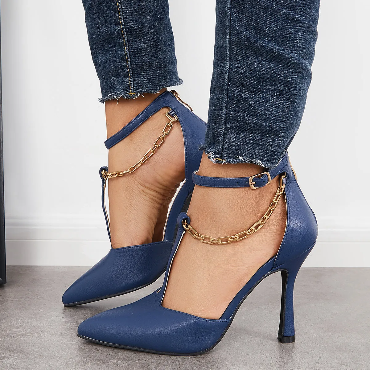 Sohiwoo woman formal T-Strap Chain Stiletto Heel Pumps Pointed Toe Ankle Strap Dress Shoes