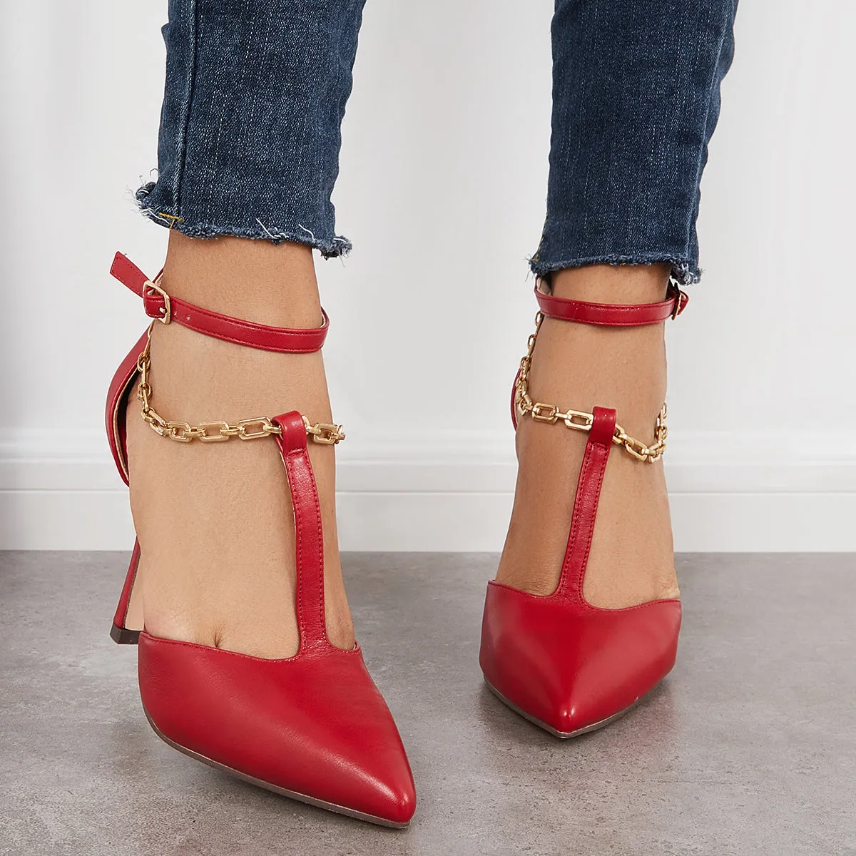 Sohiwoo woman formal T-Strap Chain Stiletto Heel Pumps Pointed Toe Ankle Strap Dress Shoes