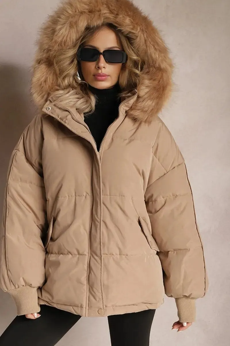Taupe Versatile Stylish Plush Hooded Zip-Up Thermal Cotton Coat