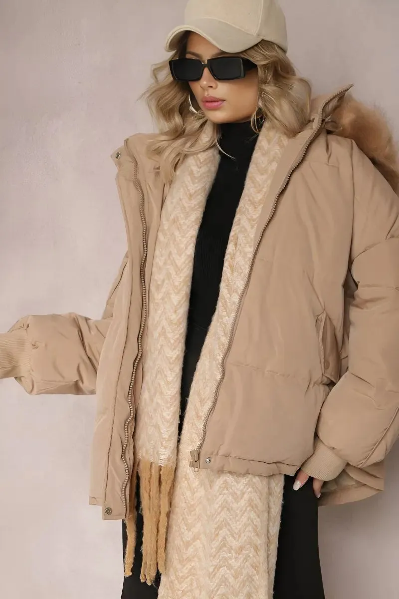 Taupe Versatile Stylish Plush Hooded Zip-Up Thermal Cotton Coat