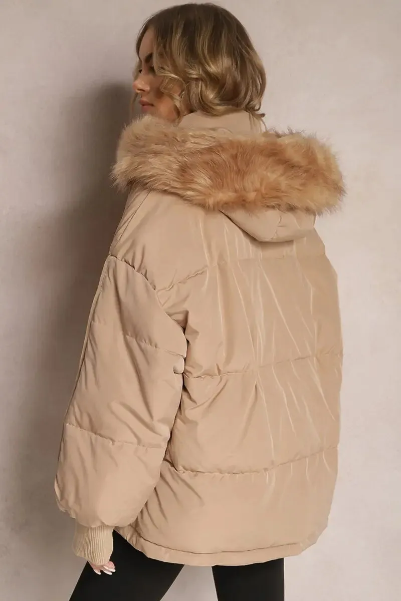 Taupe Versatile Stylish Plush Hooded Zip-Up Thermal Cotton Coat