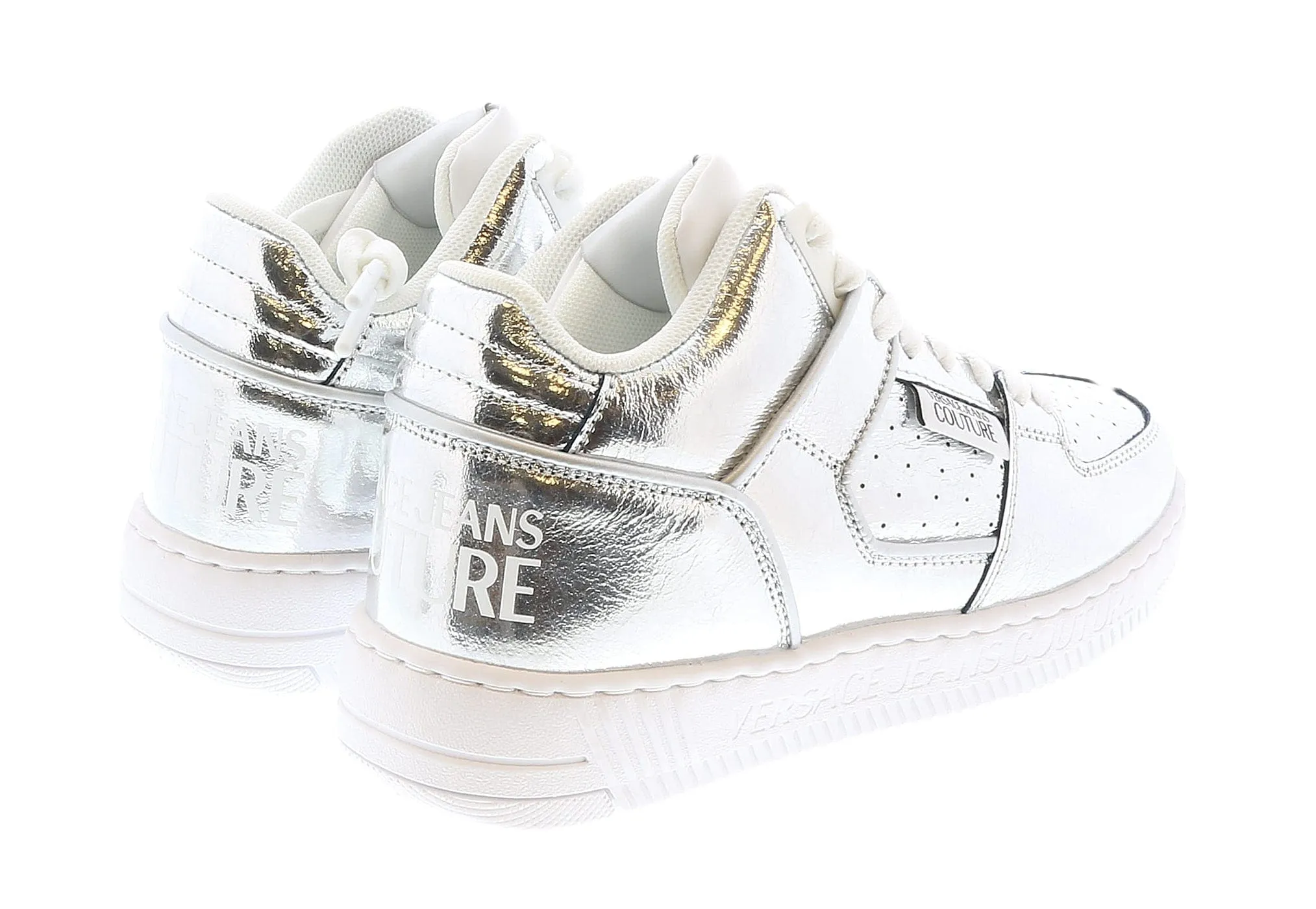 Versace Jeans Couture Signature Mid Top Lace Up Silver Sneakers-