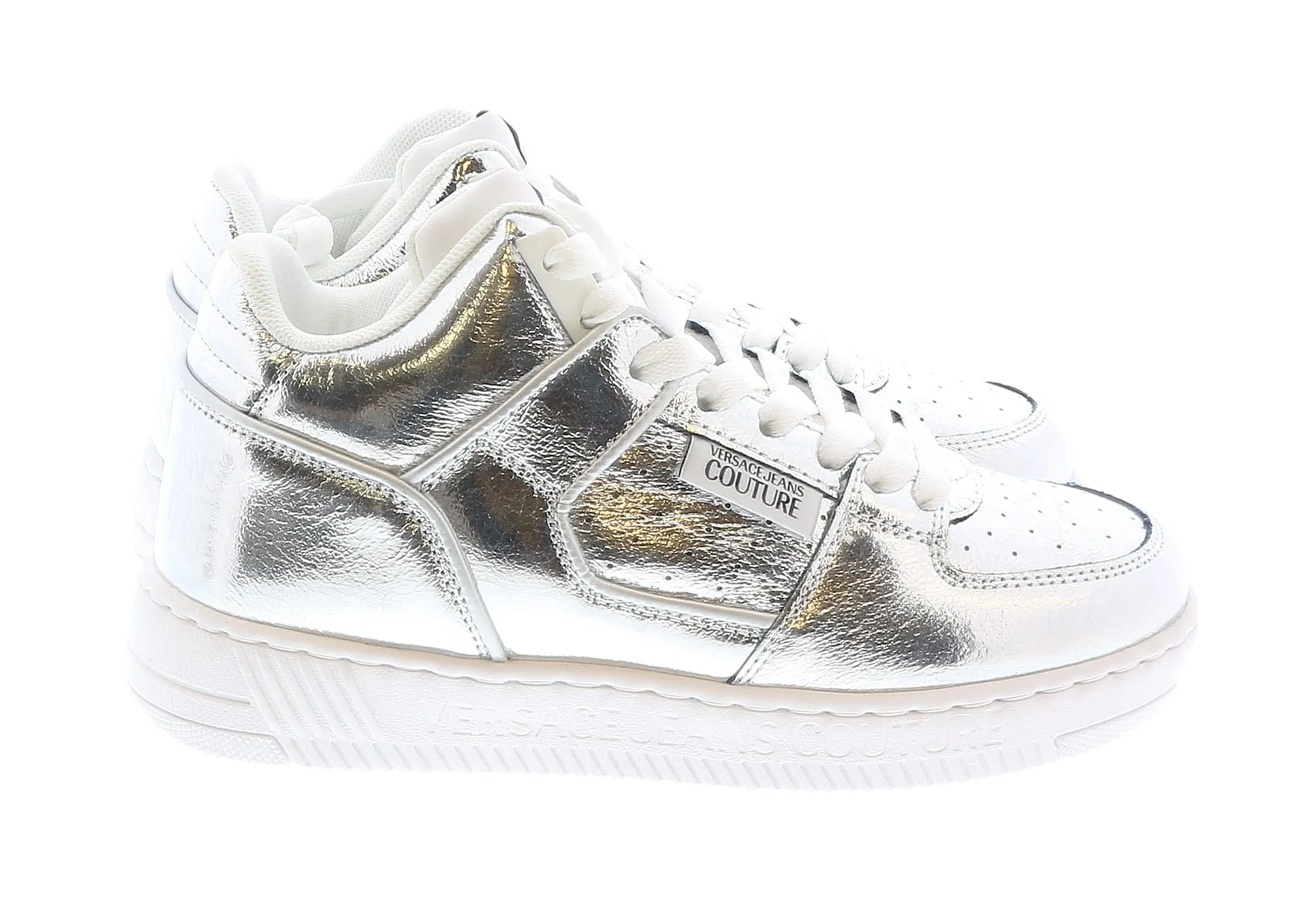 Versace Jeans Couture Signature Mid Top Lace Up Silver Sneakers-