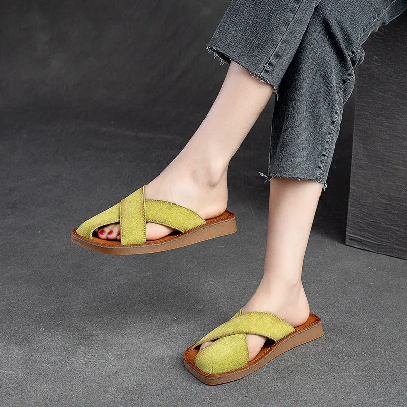 Women Retro Leather Flat Casual Slides