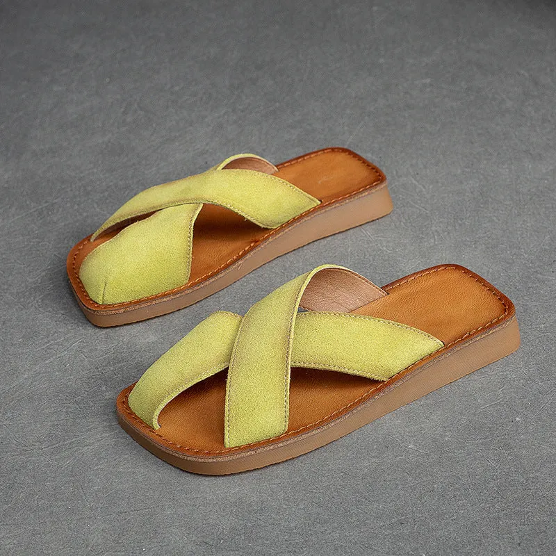 Women Retro Leather Flat Casual Slides