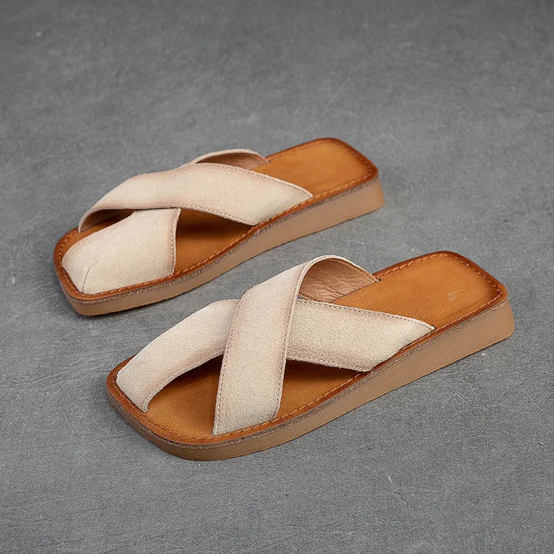 Women Retro Leather Flat Casual Slides