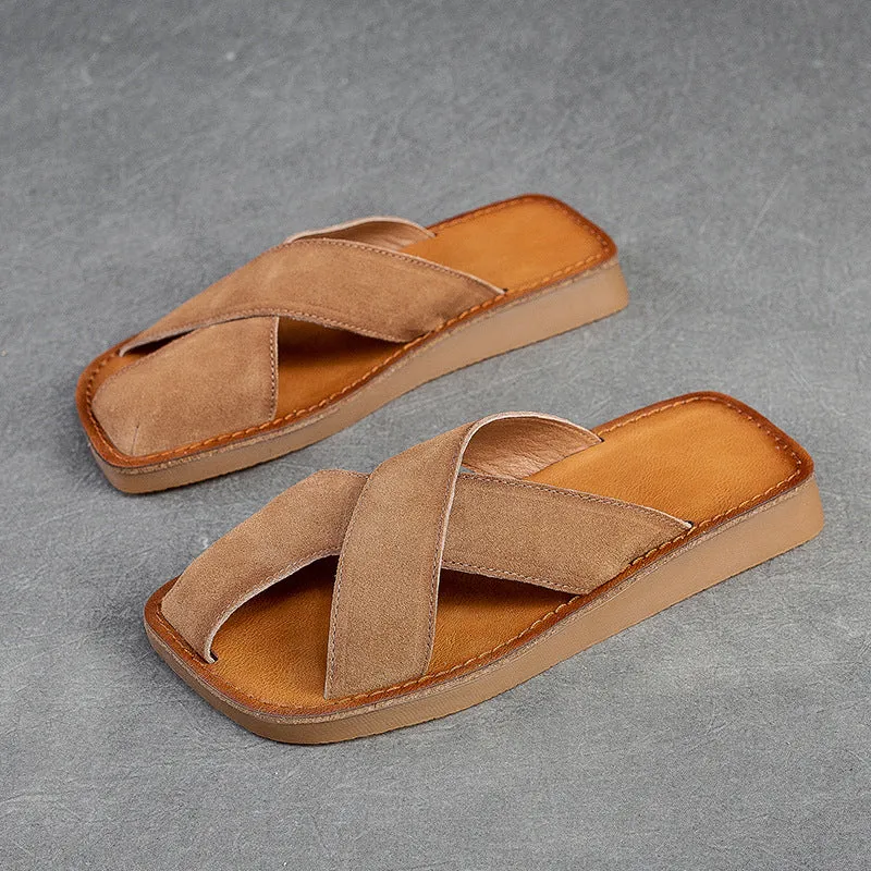 Women Retro Leather Flat Casual Slides