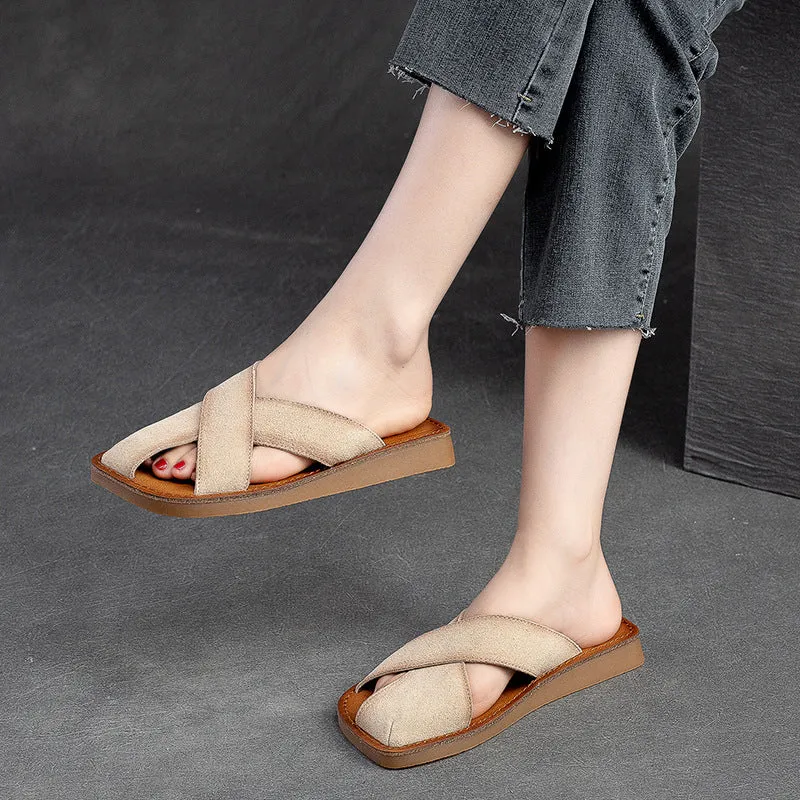 Women Retro Leather Flat Casual Slides